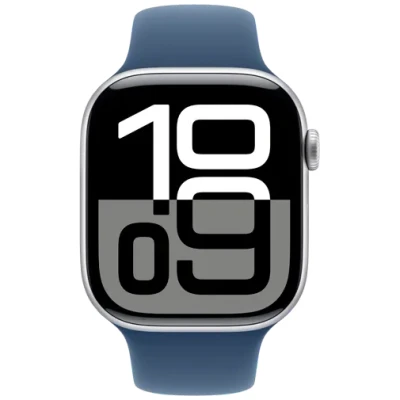 Abbildung von Apple Watch Series 10 46mm Silber (Blaues Gummi Armband M/L)
