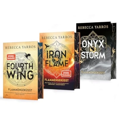 Abbildung von Fourth Wing, Iron Flame, Onyx Storm von Rebecca Yarros Flammengeküsst Reihe Band 1 3 im Bücherset inkl. Lesezeichen Deluxe Ausgaben Farbschnitt Fantasy Bestseller über Liebe Drachen &amp; Abenteuer!