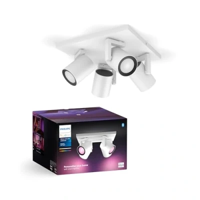 Abbildung von Philips Hue White &amp; Color Ambiance Argenta Deckenlampe mit Viererspot, dimmbare LED Spots für das Lichtsystem 16 Mio. Farben, smarte Lichtsteuerung über Sprache und App, weiß