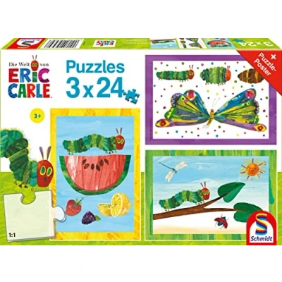 Abbildung von Schmidt Spiele 56430 Kleine Raupe Nimmersatt, Kokon und Schmetterling, 3x24 Teile Kinderpuzzle, Tierdruck, bunt, 3 x 24