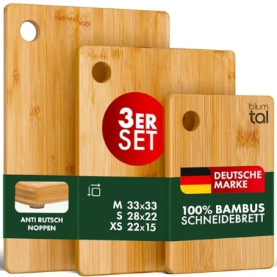 Abbildung von Blumtal Bambus Schneidebrett Carlota 3er Set Hackbrett mit Loch zum aufhängen, Küchenhelfer aus 100% Silikonfuß