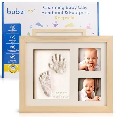 Abbildung von Bubzi Co Handabdruck Fußabdruck Baby Fotorahmen Set für Neugeborene Mädchen Jungen, Gerahmte Bilder Geschenk, Fotoalbum Baby, Andenkenbox, Wanddekoration Zimmer Kinderzimmer (Natural Wood)