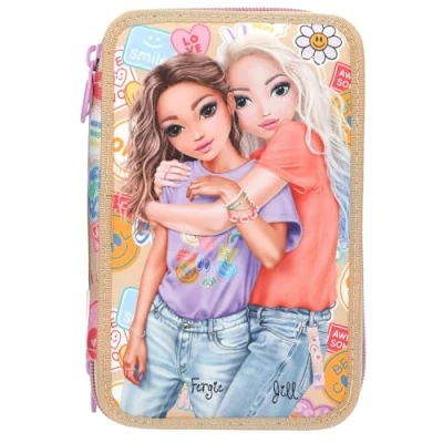 Abbildung von Depesche 13282 TOPModel Girl Power Gefüllte 3 Fach Federtasche in Beige, mit Model Motiv und bunten Batches, Federmappe Buntstiften, Schere, Lineal uvm.