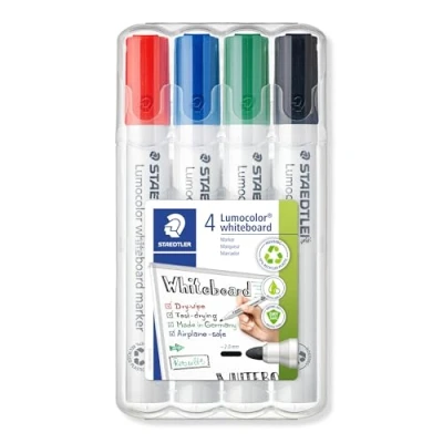 Abbildung von STAEDTLER Whiteboard Marker Lumocolor, trocken und rückstandsfrei abwischbar von Whiteboards, Rundspitze, ca. 2 mm Linienbreite, hohe Qualität, Set mit 4 Farben, 351 WP4 1