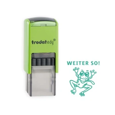 Abbildung von Trodat edy FIX Motivationsstempel für Lehrer und Pädagogen, Stempelset zum Motivieren 1 Motiv Frosch WEITER SO, Deutsch, Gehäuse Grün, Abdruck Selbstfärbend, 20 x mm