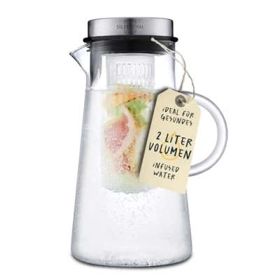 Abbildung von SILBERTHAL Glaskaraffe mit Fruchteinsatz 2 Liter Wasserkaraffe Deckel Spülmaschinenfest, Transparent