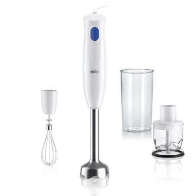 Abbildung von Braun Stabmixer MQ10.202M MultiQuick 1 Extra Leichter Pürierstab mit Edelstahl Mixfuß und EasyTwist System, inkl. Zerkleinerer, Schneebesen 600 ml Mix &amp; Messbecher, 450 Watt, Weiß