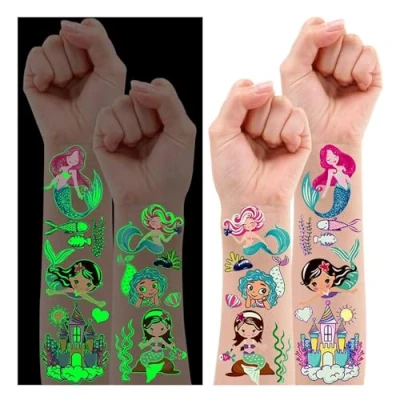 Abbildung von Meerjungfrau Tattoo Kinder, Leesgel Leuchtende Temporäre Tattoos Aufkleber Kinder Mädchen, Ggeburtstag Deko, Deko Geburtstagsdeko Mädchen Kindergeburtstag