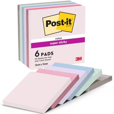 Abbildung von Post it Super Sticky Notes Soulful Collection 6 Blöcken, 90 Blatt pro Block, 76 mm x mm, Pink, Lila, Grün, Grau, Blau Extra stark klebende Notizzettel für Notizen, To Do Listen und Erinnerungen