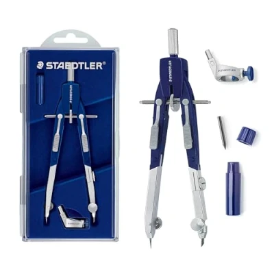 Abbildung von STAEDTLER Mars Comfort 552 01 Zirkel, Schnellverstellzirkel, auswechselbare Nadel, Schenkel abknickbar, Durchmesser Zeichenkreis: 350 mm, Länge: 170 Farbe: blau, silber, Klappdeckeletui
