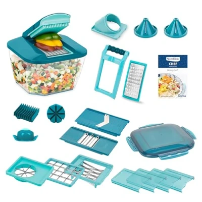 Abbildung von Nicer Dicer Chef Professional Gemüsescheider 23 tlg. Gemüsehobel manuell mit 5.2L großem Auffangbehälter Frischhaltedeckel, Spiraleinsätze, Tomatenschneider, Julienne, Salatschneider Rezeptbuch