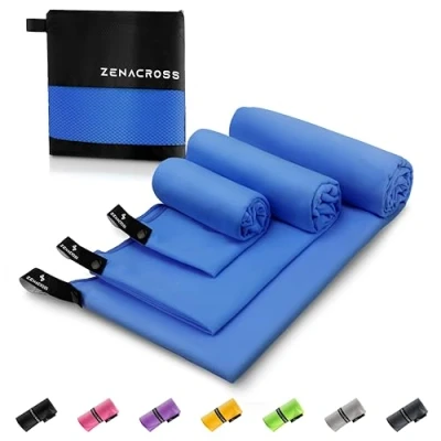 Abbildung von ZENACROSS Mikrofaser Handtuch (3er Set) mit Transportbeutel Schnelltrocknendes und vielseitiges Fitness Sporthandtuch Größen S, M, L Blau