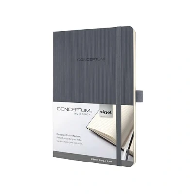 Abbildung von SIGEL CO329 Premium Notizbuch liniert, A5, Softcover, grau, aus nachhaltigem Papier Conceptum mit Seitenzahlen, Inhaltsverzeichnis, Stiftschlaufe, Falttasche