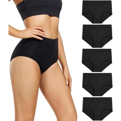 Abbildung von wirarpa Damen Unterhosen Baumwolle Slips Hoher Taille Atmungsaktive Taillenslip Wochenbett Unterwäsche Mehrpack Größen 32 58, Schwarz 5er Pack, Small (36)