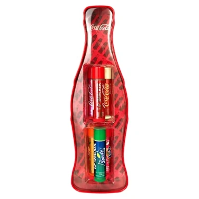 Abbildung von Lip Smacker Coca Cola Vintage Dosenkollektion, Geschenkset mit 6 Lippenbalsamen in verschiedenen Geschmacksrichtungen, Sammlerbox ikonischen Flaschen, er Geschenkpackung