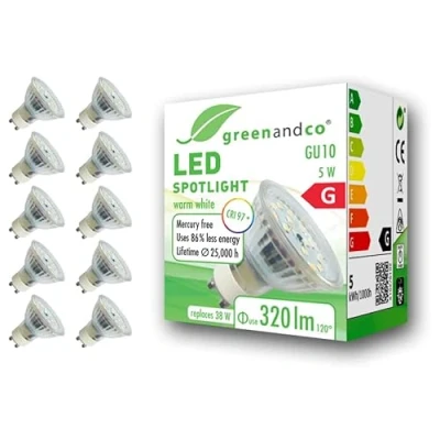 Abbildung von 10x greenandco® CRI 97+ GU10 LED Spot, 5W 320 lm 110 2700K warmweiß 230V, flimmerfrei, nicht dimmbar, 2 Jahre Garantie