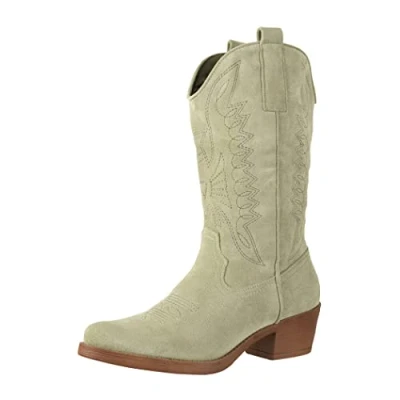 Abbildung von Elara Damen Cowboy Stiefel Biker Boots Chunkyrayan 301 A32SZ Olive Suede 39
