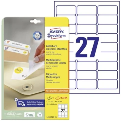Abbildung von AVERY Zweckform L4737REV 25 Universal Etiketten (675 plus 135 Klebeetiketten extra, 63,5x29,6mm auf A4, wieder rückstandsfrei ablösbar/abziehbar, bedruckbar, selbstklebende Aufkleber) 30 Blatt, weiß