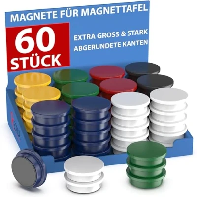 Abbildung von REORDA® Magnete für Magnettafel stark 60x Starke Whiteboard, Pinnwand, als Kühlschrank &amp; Tafelmagnete haftend, rund Bunt