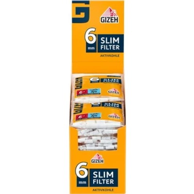 Abbildung von GIZEH Slim Filter Aktivkohle 6 mm Durchmesser 20er Pack á 120 in 15 Länge wiederverschließbaren Zip Beutel mit Spender