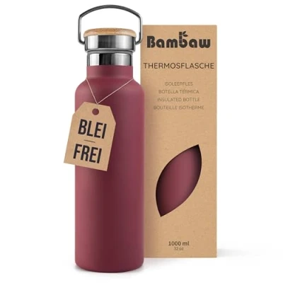 Abbildung von Bambaw Thermoflasche 1.l, Rote Flasche, Edelstahl Trinkflasche, Große Wasserflasche, 1 Liter Thermosflasche Kirschrot