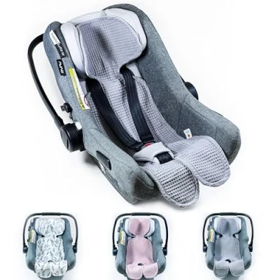 Abbildung von Atmungsaktive Sitzauflage für Babyschale Kinderautositz Kinderwagen Antischwitz, universal Gruppe 0+ (0 13kg) I (9 18kg) WAFFELPIQUE GRAU, Sitzeinlage Einlage