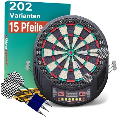 Abbildung von Ultrasport elektrisches Dartboard ohne Türen, Dartautomat für bis zu 8 Spieler, inklusive Abwurfline, 12 Dartpfeile und 100 Soft Tipps, Dartspiel mit LED Anzeige, geeignet Partys Spieleabende