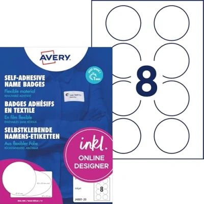 Abbildung von Avery Zweckform J4881 20 Namensetiketten (160 Namensaufkleber rund, Ø65mm auf A4, selbstklebend, bedruckbare runde Textiletiketten für Inkjetdrucker, rückstandsfrei ablösbar) Blatt, weiß