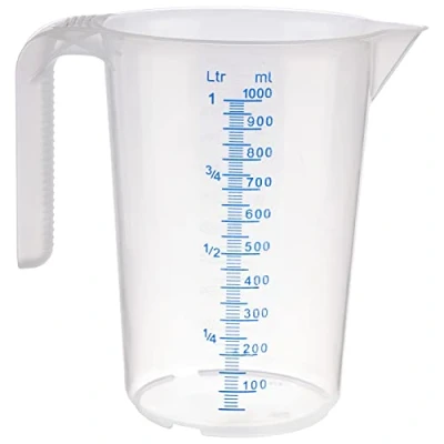 Abbildung von APS Messbecher 1 Liter, Ø 12 x H: 16,5 cm, Kunststoffbecher mit geprägter Maßskalierung außen, offener Griff, l /ml Einteilung, spülmaschinengeeignet