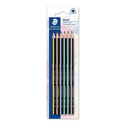 Abbildung von STAEDTLER Bleistift Noris 118, Dreikantform für entspanntes Schreiben und Malen, sehr gute Qualität, Härtegrad HB, 6 Bleistifte in Pastellfarben auf Blisterkarte, 118 BK6 PA