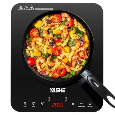 Abbildung von YASHE Induktionskochfeld Einzel Induktionskochplatte, 10 Leistungseinstellung und Temperaturstufen, 2000W 1 Platte, 4 Stunden Timer, Sicherheitsschloss, Mobil