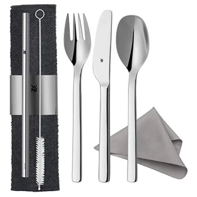 Abbildung von WMF my2Go, Edelstahl, Besteck Set 8 teilig, Outdoor Reisebesteck 1 Person, Campingbesteck mit Etui, Wanderbesteck umweltfreundlich, Strohhalm, Reinigungsbürste, Geschenk