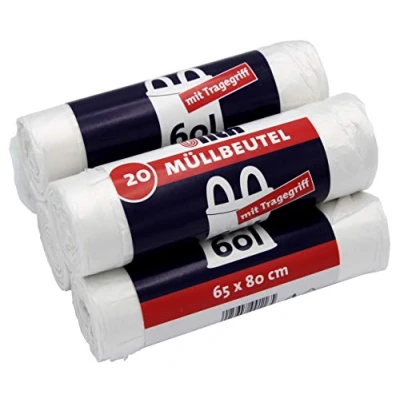 Abbildung von 100 Müllbeutel/Mülltüten mit Tragegriff, 60 Liter, 20 Stück pro Rolle, Reißfest &amp; Flüssigkeitsdicht, Produkt Verpackung recyclebar (5er Pack)