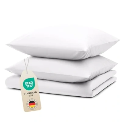 Abbildung von Blumtal Bettwäsche 220x240 cm + 2X Kissenbezug 40x80 Oeko TEX zertifizierte Mikrofaser 240x220 Bettbezug Bett Bezug Set 200x220 Weiß
