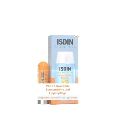 Abbildung von ISDIN Pack FusionWater MAGIC LSF 50, ultraleichte Sonnencreme für das Gesicht mit Wasserformel, 50 ml und Lippenbalsam 30, der die Lippen schützt