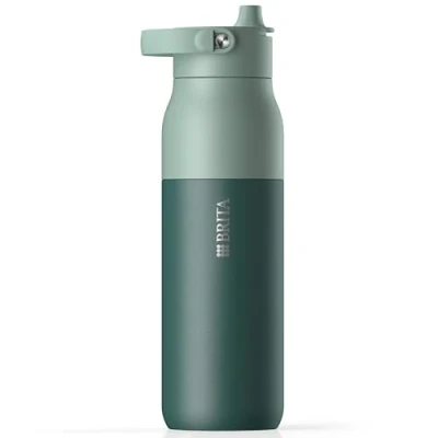 Abbildung von BRITA LARQ Essential Trinkflasche (grün, 1 l) Edelstahl Wasser Flasche, doppelwandige Isolierung (24h kalt) inkl. Strohhalm &amp; mit abnehmbarem Soft Touch Henkel, spülmaschinengeeignet