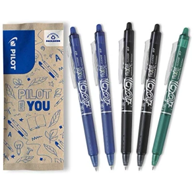 Abbildung von PILOT FriXion Clicker 0.7 5 Stück Farben 2x Blau/Schwarz, 1x Grün Radierbarer, nachfüllbarer Gel Tintenroller mit Druckmechanik und thermosensitiver Tinte, mittlere Spitze
