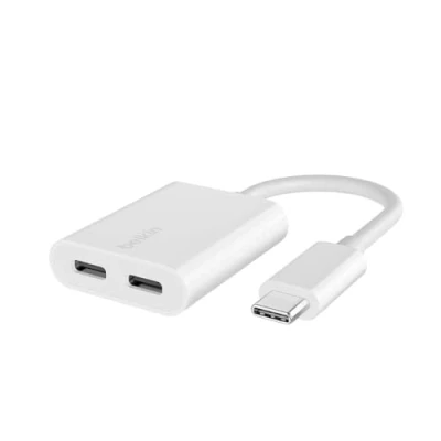 Abbildung von Belkin Rockstar USB C Audio und Ladeadapter, Kopfhörer Adapter, Schnellladen mit Power Delivery 60 W, für iPhone 15, iPad, Galaxy, Note, Google Pixel, LG, Sony, OnePlus Weiß