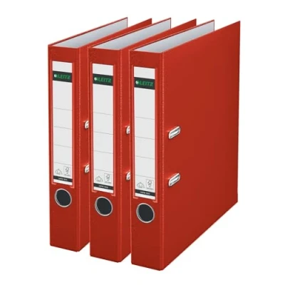 Abbildung von Leitz Qualitäts Ordner 180 Plastik, 3er Pack, das Original, DIN A4 Aktenordner 5 cm schmal, 90% Recycling Karton, 30% Pre Consumer Kunststoff, Mit Mechanik, 350 Blatt, Rot, 310345025
