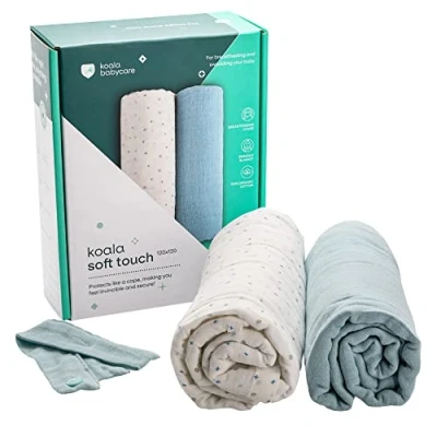 Abbildung von KOALA BABYCARE Neugeborenen Mussline 120x120 Baumwolle Packung mit 2 Stück Baumwoll Stilldecke und Wickeltuch für Swaddle Neugeborene