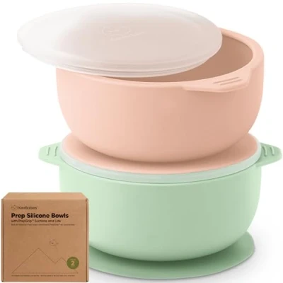 Abbildung von KeaBabies 2er Pack Baby Schüssel mit Saugnapf und Deckel Silikon Breischale für Jungen, Mädchen, Kinderschüssel Babygeschirr, Kinderschale, Silikonschüsseln Babynahrung, BPA frei (Mellow)