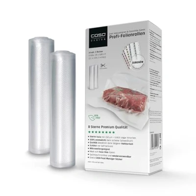Abbildung von CASO Profi Folienrollen 28x600 cm / 2 Rollen, für alle Vakuumierer, BPA frei, sehr stark &amp; reißfest ca. 150µm, aromadicht, kochfest, Sous Vide, wiederverwendbar, inkl. Food Manager Sticker