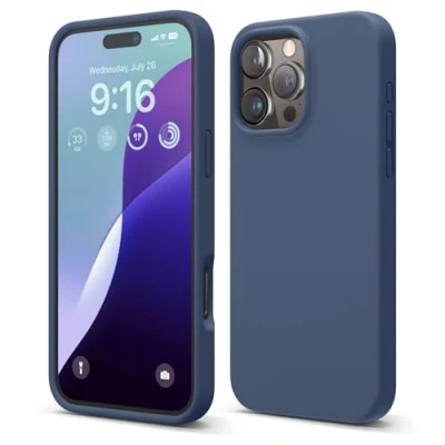 Abbildung von elago Premium Liquid Silikon Hülle Kompatibel mit iPhone 16 Pro Max Hülle, Ganzkörper Handyhülle, Stoßfest, Schlanke Kratzfester weicher Mikrofaser Innenfutter, 6.9 Zoll (Dunkelblau)