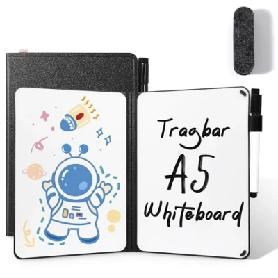 Abbildung von AGM Mini Whiteboard Schwarz, Tragbar A5 Memoboard Klein Doppelseitiges Schreiben Kein Magnet, 15 x 21 cm Harte Schale für Büro, Schule, Zuhause inkl. 1 Marker mit Radierspitze