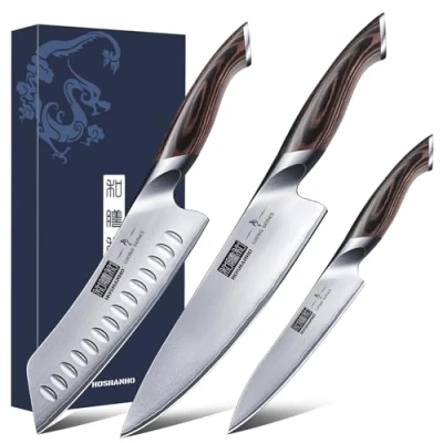 Abbildung von HOSHANHO Messerset 3 teilig, Küchenmesser Set aus Edelstahl, Messer Kochmesser Professionelles mit Kochmesser, Santoku Messer, Utility