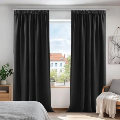 Abbildung von Deconovo Blickdichte Gardine mit Kräuselband Kinderzimmer Extra Warm Verdunkelungsvorhang Balkon, 240x140 cm(HöhexBreite), Schwarz, 2er Set