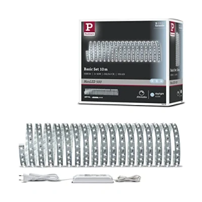 Abbildung von Paulmann 70830 LED Stripe MaxLED 500 Basisset 10m Tageslichtweiß 6500K incl. 1x48,5 Watt dimmbar Lichtband Silber Lichtstreifen Kunststoff