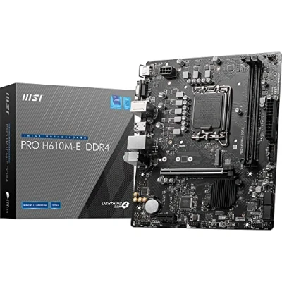 Abbildung von MSI PRO H610M E DDR4 Motherboard, Micro ATX Unterstützt Intel 12th Gen Core Prozessoren, LGA 1700 2X DIMM (3200MHz), 1x PCIe 4.0 x16 Slot, 1 x M.2 Gen3, USB 3.2 Gen1, 1G LAN, HDMI 1.4 &amp; VGA