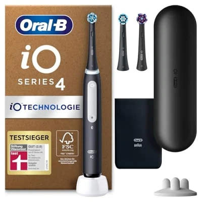Abbildung von Oral B iO Series 4 PLUS Edition Elektrische Zahnbürste/Electric Toothbrush, 3 Aufsteckbürsten, Magnet Etui, Putzmodi, matt black, Designed by Braun,TESTSIEGER Stiftung Warentest (12/2023)