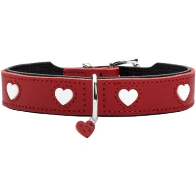 Abbildung von HUNTER Hundehalsband Love, Farbe: rot/schwarz, weiches, Robustes Rindsleder, einzeln eingenähte Herzen, handgefertigt, hoher, besonders anschmiegsam, Made in Germany, Größe 32